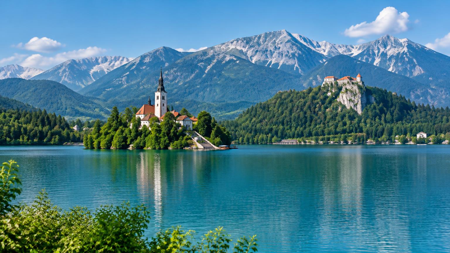Illustration of Lake Bled with its island church, cliff-top castle and mountain backdrop